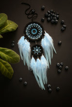 Load image into Gallery viewer, Small black dreamcatcher with blue feathers