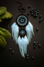 Load image into Gallery viewer, Small black dreamcatcher with blue feathers