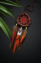 Load image into Gallery viewer, Rustic Brown Dream Catcher with Orange Feathers and Red Woven Web
