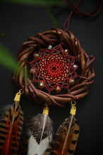 Load image into Gallery viewer, Rustic Brown Dream Catcher with Orange Feathers and Red Woven Web
