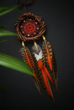 Load image into Gallery viewer, Rustic Brown Dream Catcher with Orange Feathers and Red Woven Web
