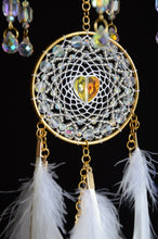 Load image into Gallery viewer, Crystal Dream Catcher with White Feathers &amp; Gold Accents
