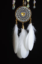 Load image into Gallery viewer, Crystal Dream Catcher with White Feathers &amp; Gold Accents

