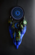 Load image into Gallery viewer, Blue Peacock Dream Catcher – Handmade Boho Wall Hanging with Natural Peacock Feathers
