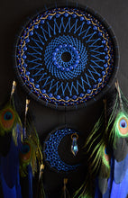 Load image into Gallery viewer, Blue Peacock Dream Catcher – Handmade Boho Wall Hanging with Natural Peacock Feathers
