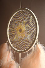 Load image into Gallery viewer, Handmade Beige Dream Catcher with Natural Feathers and Golden Beads
