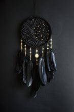 Load image into Gallery viewer, Black Celestial Dream Catcher with Hematite-Tone Beads, Golden Stars and Black Feathers
