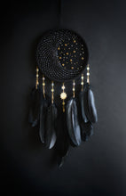Load image into Gallery viewer, Black Celestial Dream Catcher with Hematite-Tone Beads, Golden Stars and Black Feathers
