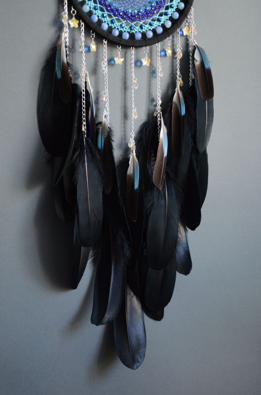 Handmade Large Black and Blue Dream Catcher with glass beads