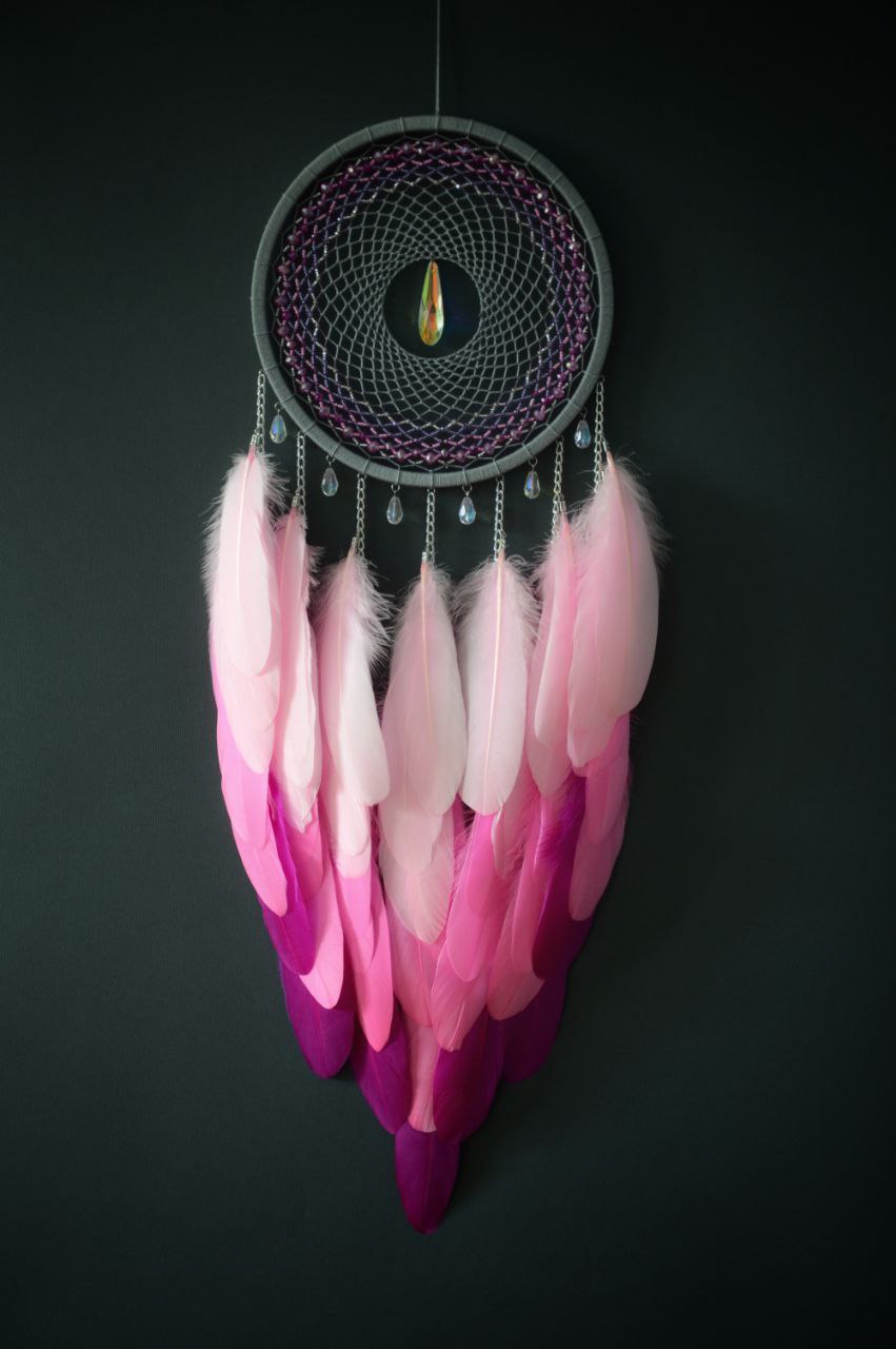 Handmade Large Grey Pink Dream Catcher with glistening glass
