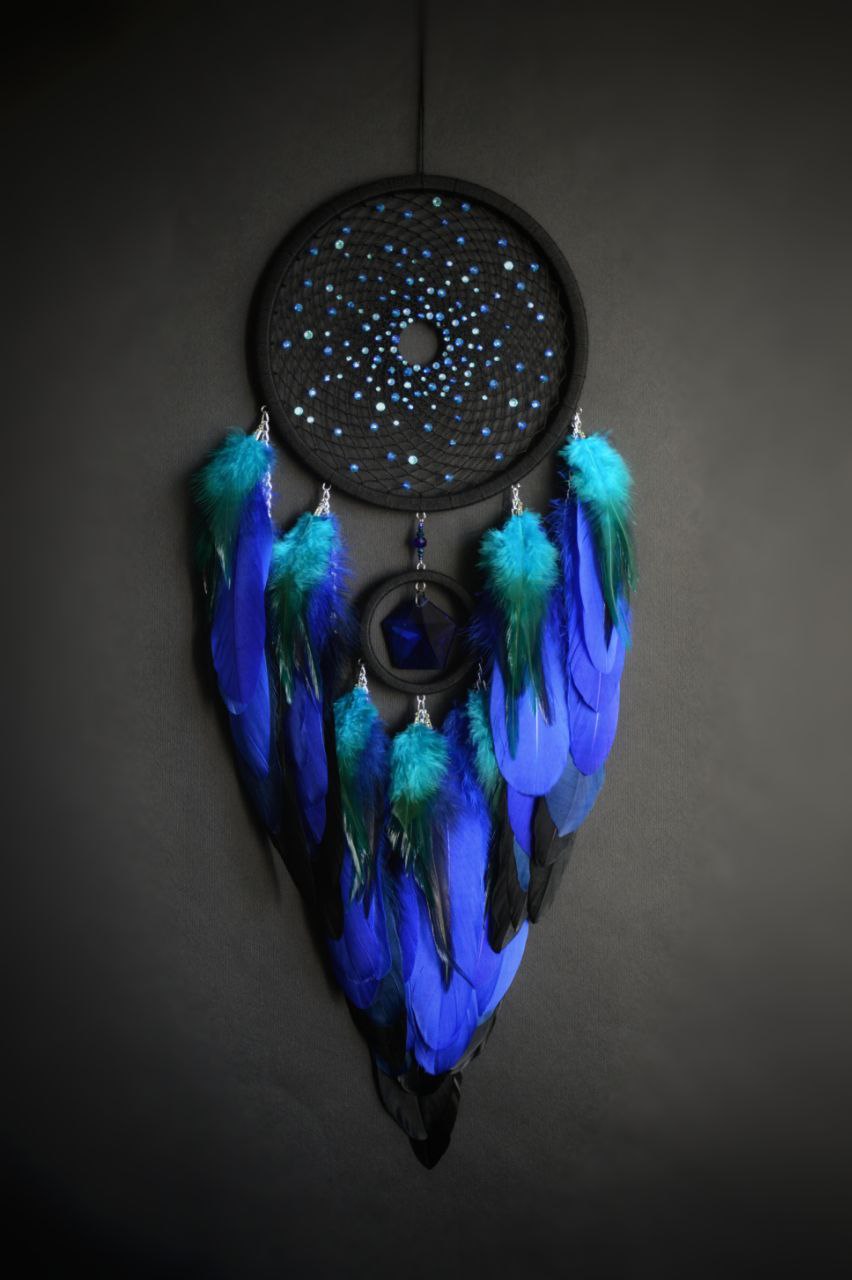 Handmade Blue Black Dream Catcher with Glass Beads