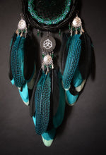 Load image into Gallery viewer, Handmade Dreamcatcher – Turquoise &amp; Black Feathers, Beaded Web, Boho Wall Hangin
