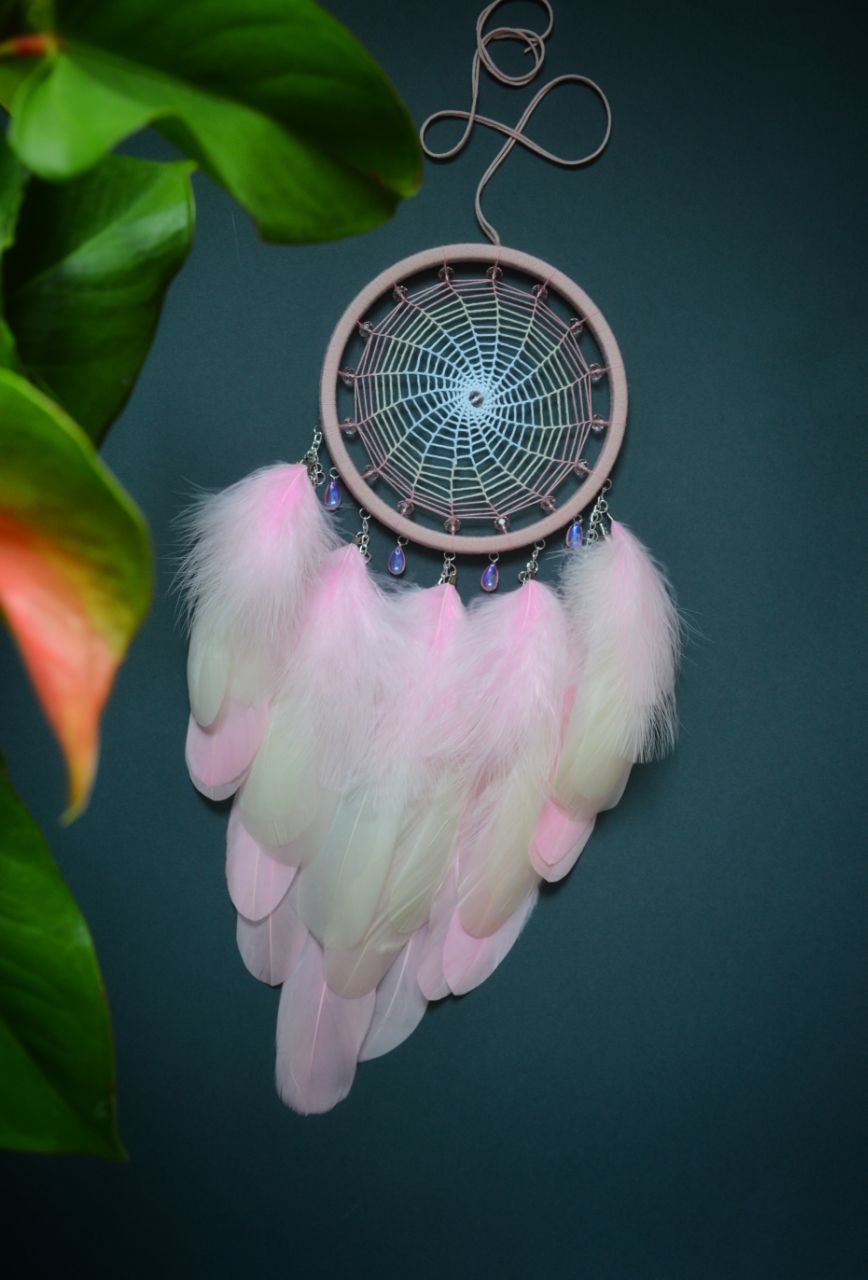 Handmade Pink Dreamcatcher – Soft Feathers, Pastel Web, Boho Wall Hanging Decor