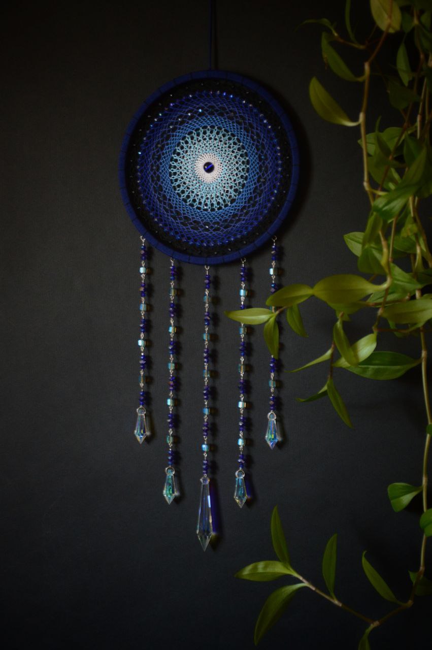 Handmade Blue Mandala Wall Hanging – Glass Crystal Drops – Spiritual Decor – Boh