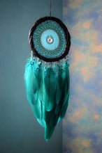 Load image into Gallery viewer, Handmade Turquoise Dreamcatcher with Crystal Center and Teal Feathers Boho Decor
