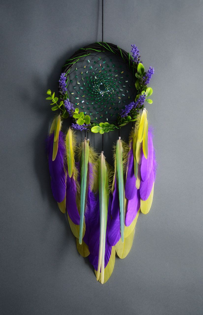 Handmade Floral Dreamcatcher – 19 cm Ring – 53 cm Length – Green & Purple Design