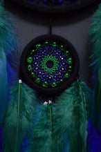 Load image into Gallery viewer, Handmade Dreamcatcher with Blue &amp; Green Feathers and Beaded Mandala
