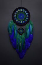 Load image into Gallery viewer, Handmade Dreamcatcher with Blue &amp; Green Feathers and Beaded Mandala
