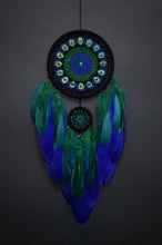 Load image into Gallery viewer, Handmade Dreamcatcher with Blue &amp; Green Feathers and Beaded Mandala

