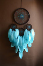 Load image into Gallery viewer, Large Blue Brown Dreamcatcher – Boho Wall Hanging, Beaded Spiral Web, Sky Blue Home Decor
