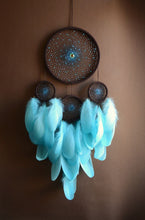 Load image into Gallery viewer, Large Blue Brown Dreamcatcher – Boho Wall Hanging, Beaded Spiral Web, Sky Blue Home Decor
