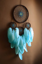 Load image into Gallery viewer, Large Blue Brown Dreamcatcher – Boho Wall Hanging, Beaded Spiral Web, Sky Blue Home Decor

