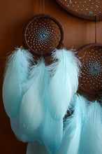 Load image into Gallery viewer, Large Blue Brown Dreamcatcher – Boho Wall Hanging, Beaded Spiral Web, Sky Blue Home Decor
