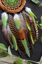 Load image into Gallery viewer, Handmade Green Dream Catcher with Natural Feathers – Boho Rustic Wall Hanging, Nature-Inspired Spiritual Decor
