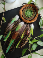Load image into Gallery viewer, Handmade Green Dream Catcher with Natural Feathers – Boho Rustic Wall Hanging, Nature-Inspired Spiritual Decor
