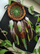 Load image into Gallery viewer, Handmade Green Dream Catcher with Natural Feathers – Boho Rustic Wall Hanging, Nature-Inspired Spiritual Decor
