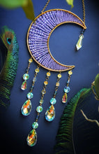Load image into Gallery viewer, Handmade Crescent Moon Dream Catcher with Crystal Drops – Celestial Boho Wall Hanging, Purple Beaded Moon Decor
