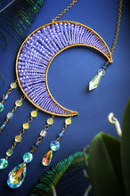 Load image into Gallery viewer, Handmade Crescent Moon Dream Catcher with Crystal Drops – Celestial Boho Wall Hanging, Purple Beaded Moon Decor
