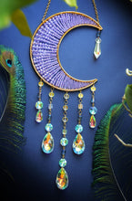 Load image into Gallery viewer, Handmade Crescent Moon Dream Catcher with Crystal Drops – Celestial Boho Wall Hanging, Purple Beaded Moon Decor
