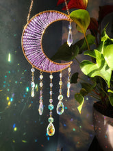 Load image into Gallery viewer, Handmade Crescent Moon Dream Catcher with Crystal Drops – Celestial Boho Wall Hanging, Purple Beaded Moon Decor
