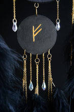 Load image into Gallery viewer, Handmade Black Dream Catcher with Fehu Rune – Gothic Boho Decor
