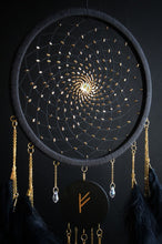 Load image into Gallery viewer, Handmade Black Dream Catcher with Fehu Rune – Gothic Boho Decor

