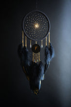 Load image into Gallery viewer, Handmade Black Dream Catcher with Fehu Rune – Gothic Boho Decor
