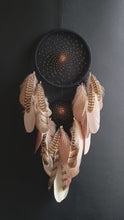 Load and play video in Gallery viewer, Handmade Beige Dream Catcher with Natural Feathers and Golden Beads
