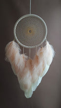 Load and play video in Gallery viewer, Handmade Beige Dream Catcher with Natural Feathers and Golden Beads
