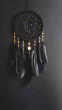 Load and play video in Gallery viewer, Black Celestial Dream Catcher with Hematite-Tone Beads, Golden Stars and Black Feathers
