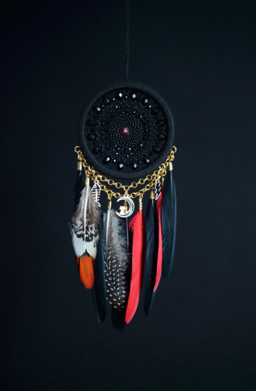 black red dreamcatcher with pheasant feather