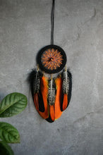 Load image into Gallery viewer, Small orange black dream catcher with pheasant feathers

