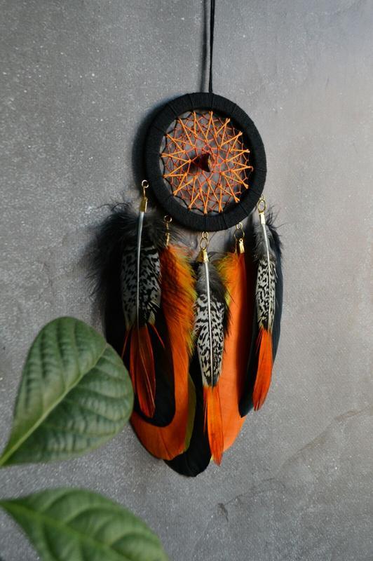 Small orange black dream catcher with pheasant feathers