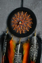 Load image into Gallery viewer, Small orange black dream catcher with pheasant feathers
