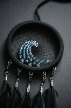 Load image into Gallery viewer, Small black dream catcher with blue wave ornament
