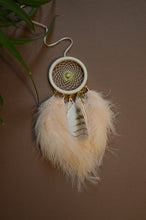 Load image into Gallery viewer, small beige dreamcatcher with natural owl feather
