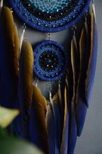 Load image into Gallery viewer, Large blue dream catcher with blue-yellow macaw feathers
