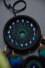 Load image into Gallery viewer, Black dream catcher with peacock feathers
