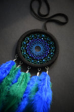 Load image into Gallery viewer, Small black dreamcatcher with green and blue feathers
