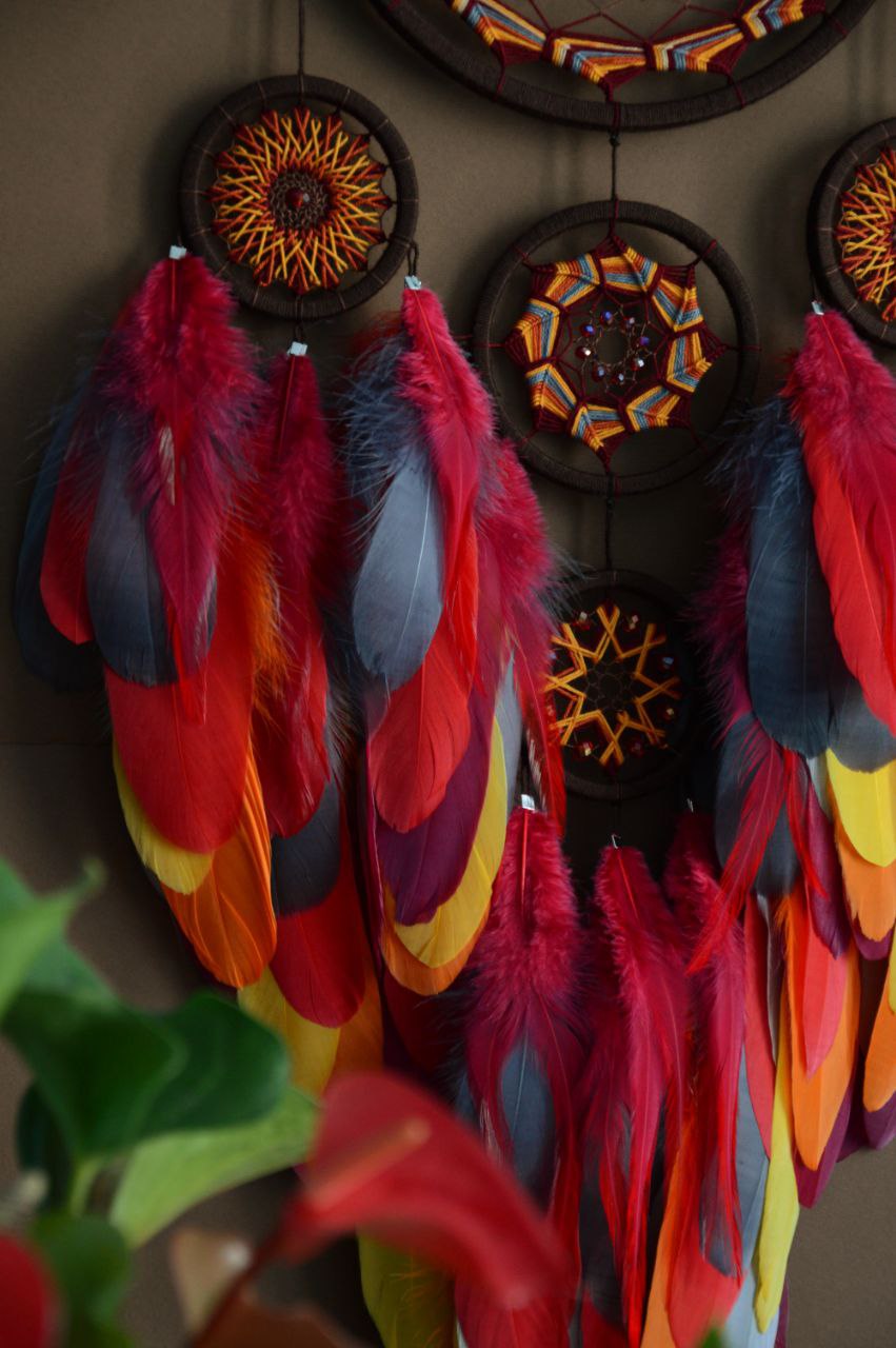 Large handmade Red Orange Yellow Brown Gray Dreamc atcher wall hanging ...